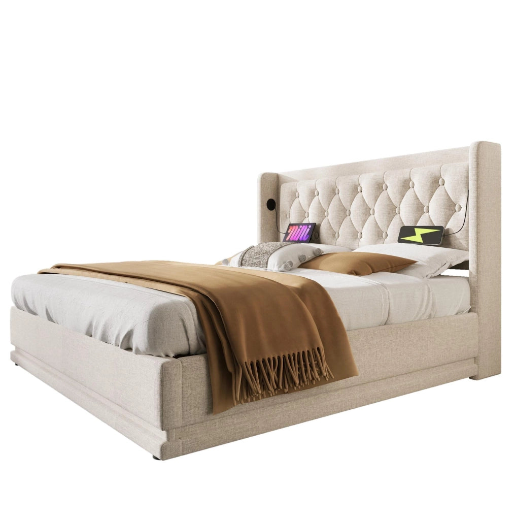 Letto matrimoniale imbottito 140x200 cm beige in cotone con contenitore; USB e LED