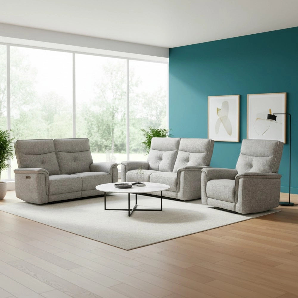 Set divani recliner elettrici Elysio divano 3 posti + divano 2 posti + poltrona recliner tessuto grigio