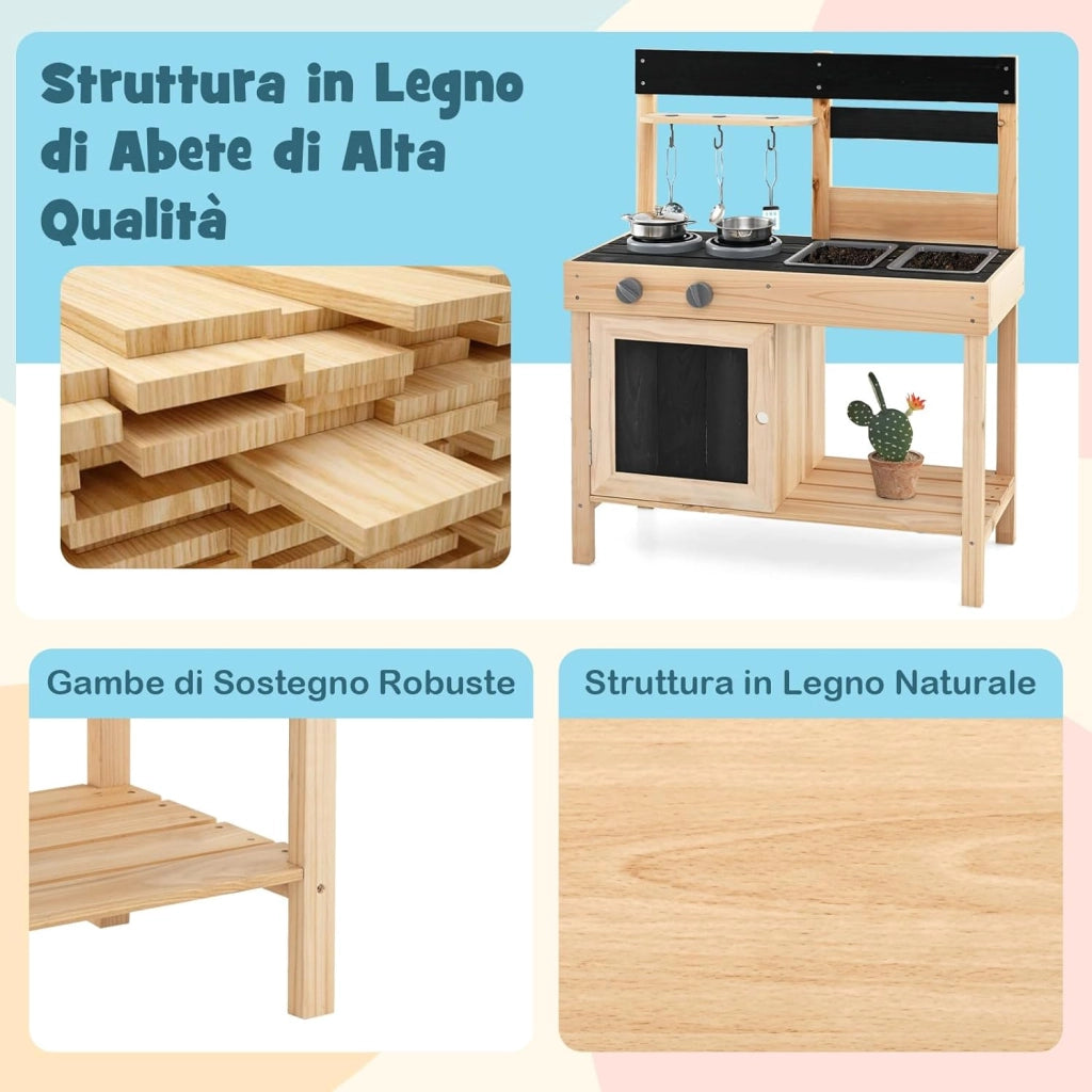 Cucina Giocattolo Bambini, Cucina da Esterno in Legno con 2 Lavandini Removibili, Piano Cottura e Utensili e Spazio di Archiviazione, 67 x 30 x 82 cm
