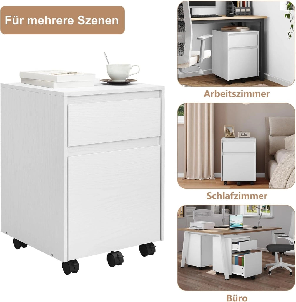 Cassettiera Scrivania con 2 Cassetti, Schedario con Rotelle, Schedario da Ufficio A4, in Legno PB, Bianco, 40x40x56cm, ASK11ws