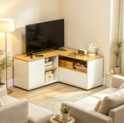 Mobile TV angolare con 5 vani, bianco e legno chiaro
