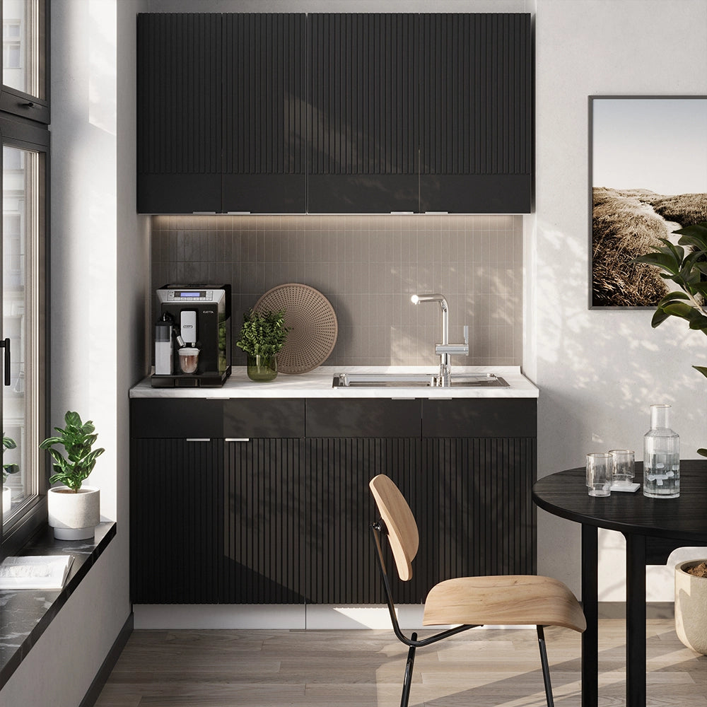 Cucina completa Fame-Line Nero rigato/Bianco 140 cm senza piano di lavoro Vicco