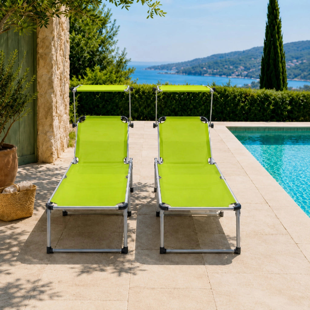 Set 2 Lettini Da Sole Richiudibili Con Tettuccio Ombreggiante Schienale Reclinabile A 6 Regolazioni Struttura Leggera In Alluminio Ideali Per Mare Spiaggia Giardino Piscina 187 x 59 x 29 Cm Verde Fluo