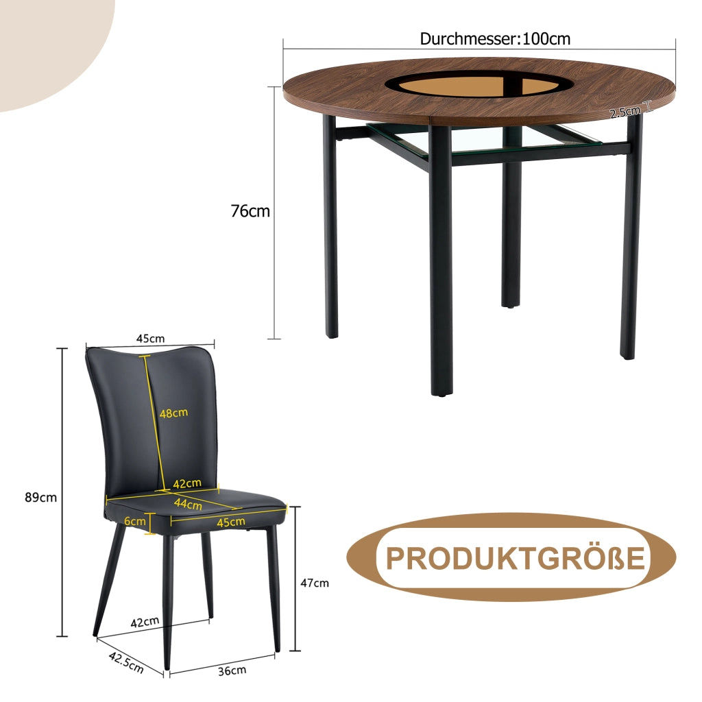 Tavolo da pranzo rotondo con 4 sedie in PU, piano in MDF e vetro, per cucina e sala da pranzo, diametro 100 cm