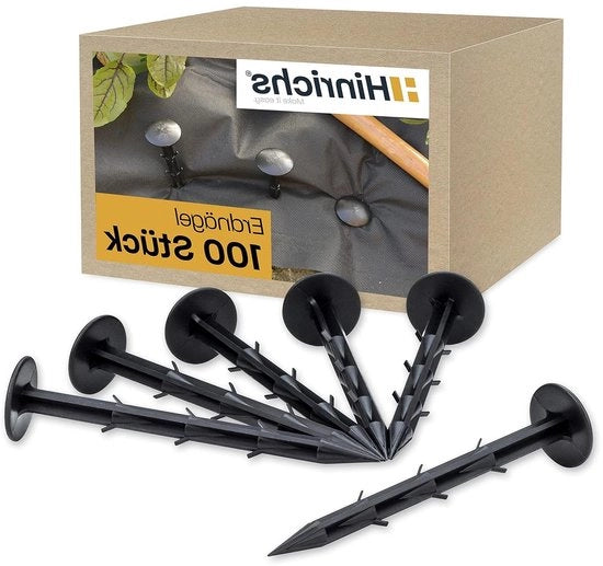 100 pezzi di pennelli per giardinaggio - Telaio di ancoraggio per giardini extra resistente - 6 denti - 145 cm di lunghezza 35 mm di diametro del capo - Pennelli per giardino Mollennet Zeil Tuinpennen penna in plastica nera