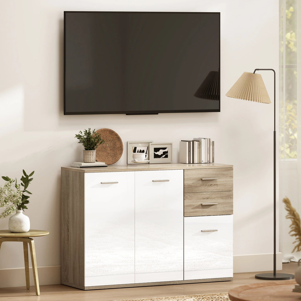 Credenza con 2 cassetti e 3 ante ¨C Xylo ¨C Bianco e legno naturale 106x35x76 cm