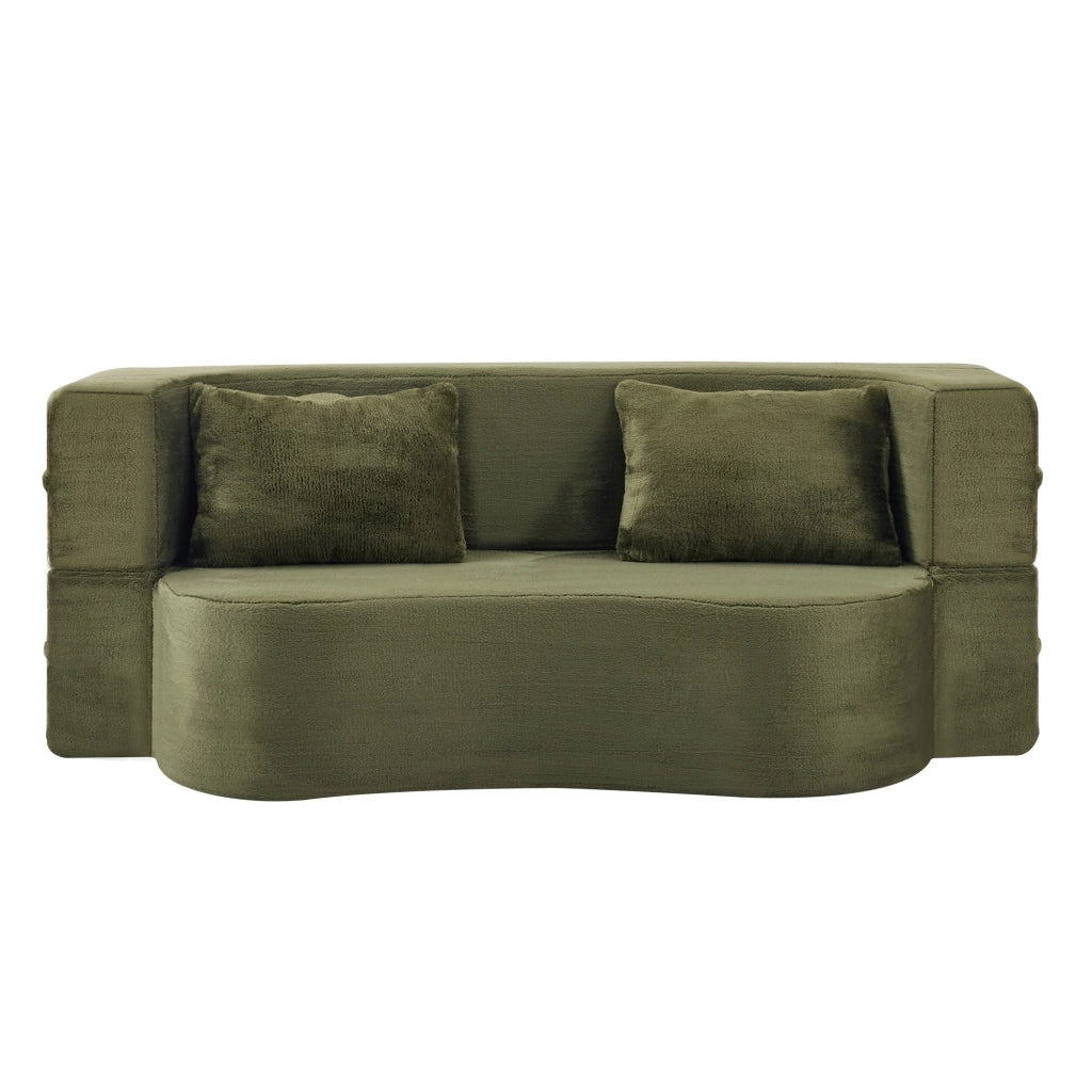 Divano letto pieghevole 2 posti trasformabile con 2 cuscini e design ondulato in tessuto effetto peluche - verde