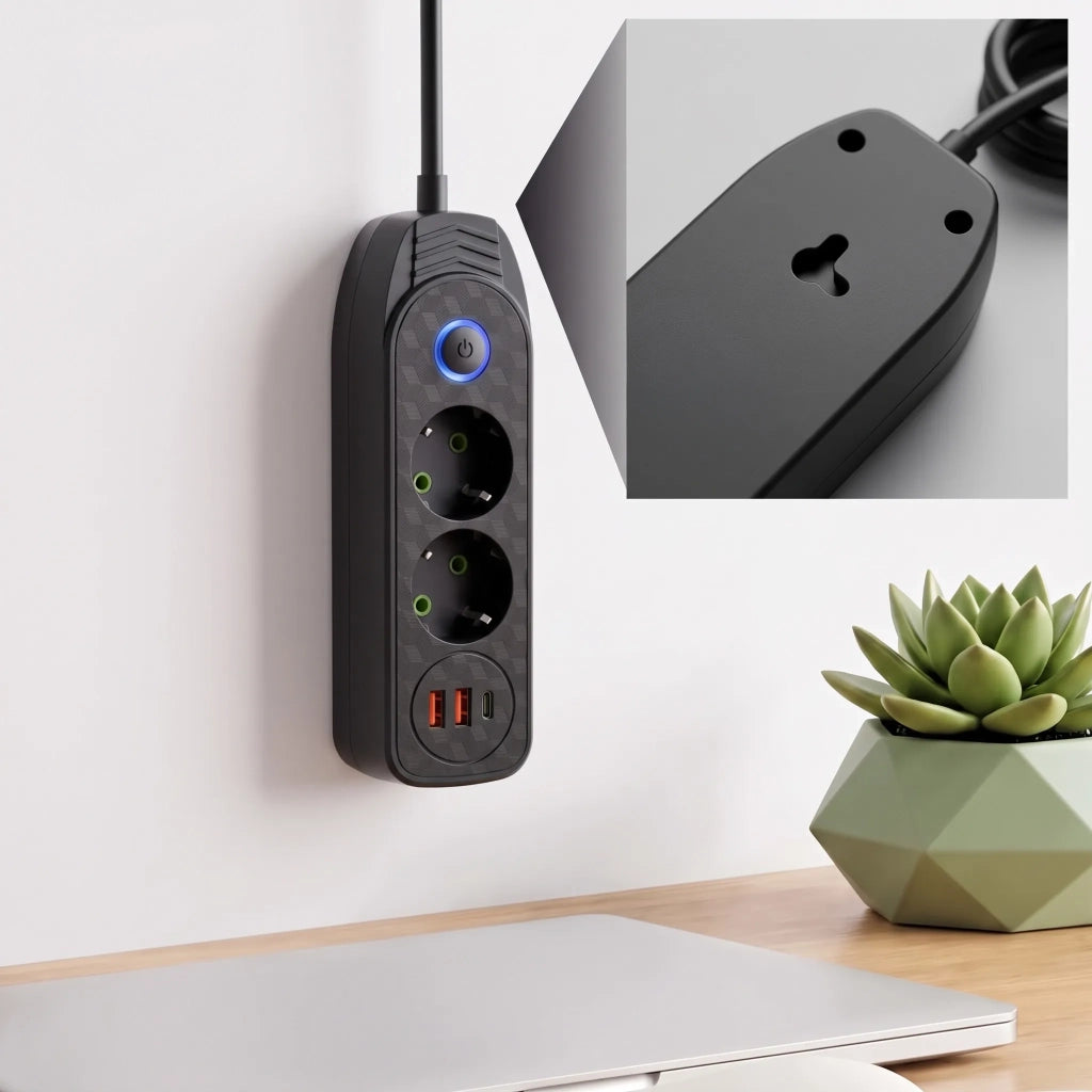 Multipresa Con Prolunga, 2 Prese + 2 Porte Usb-a + Usb-c Jnh023-2b Black