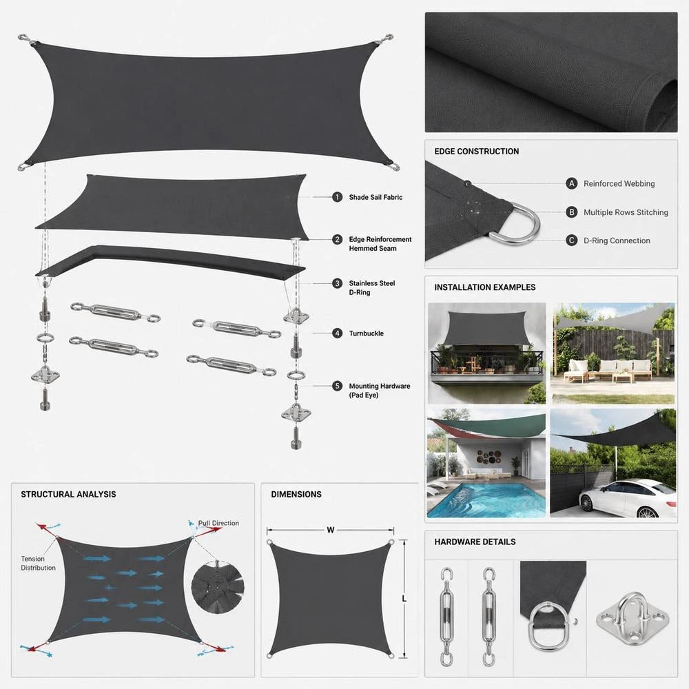 Sunshade Sail Oxford Fabric, Square, 3.6 X 3.6 M, Anthracite