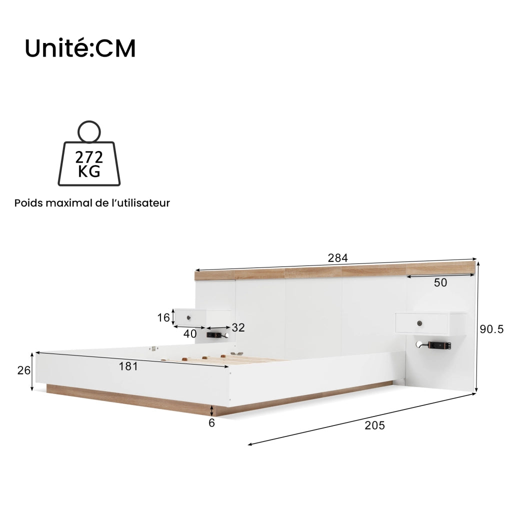Letto Matrimoniale 180 x 200 cm con 2 Comodini LED; USB e Tipo C; senza Materasso; in Legno; Bianco e Rovere