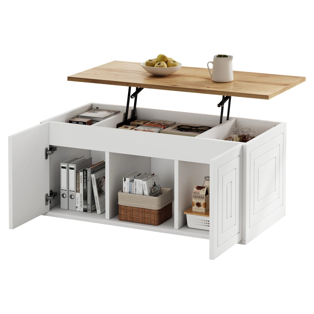 TAVOLO CAFFÈ elevabile 46x95x45 cm bianco e naturale con 2 ante