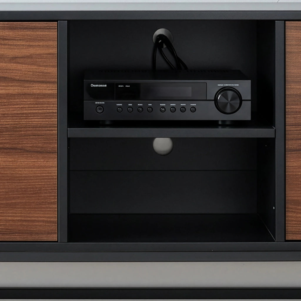 Armadietto Boxholm Credenza Bassa con 3 Ante Push-Open e 2 Vani Aperti 160x30x57 cm Nero / Effetto Noce [en.casa]