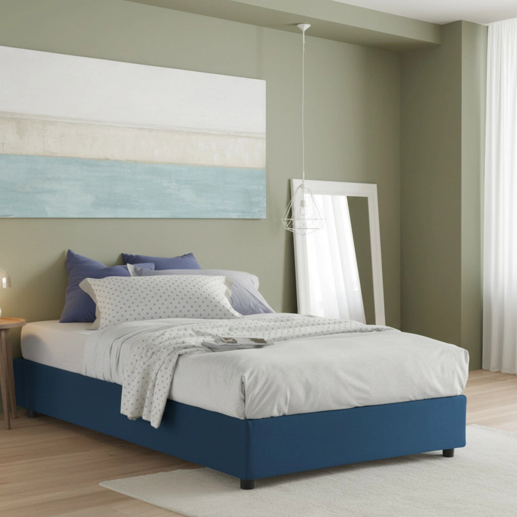 Letto matrimoniale Arto, Letto contenitore con rivestimento in tessuto, Made in Italy, Apertura frontale, con materasso cm 140x190 incluso, Blu