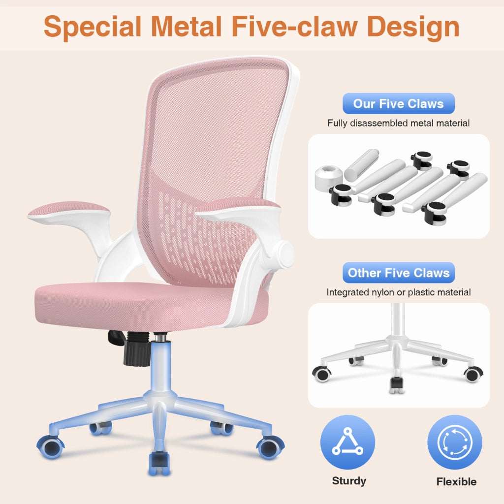 Sedia da ufficio con braccioli -  Sedia da ufficio ergonomica - Su ruote - Sedia girevole regolabile in altezza - Bianco rosa