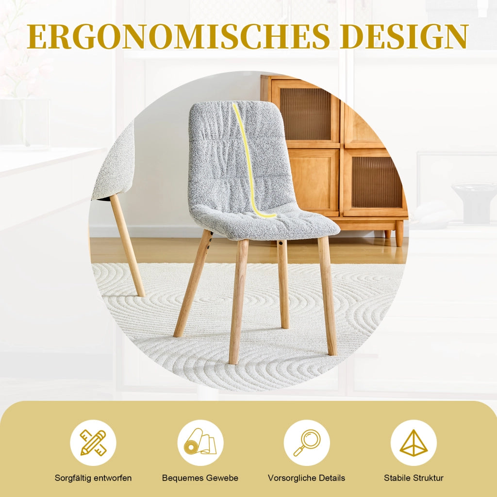 Sedia da Pranzo Set da 2 con Schienale Ergonomico e Pieghe Decorative, in Tessuto e Legno Massello, Grigio Chiaro