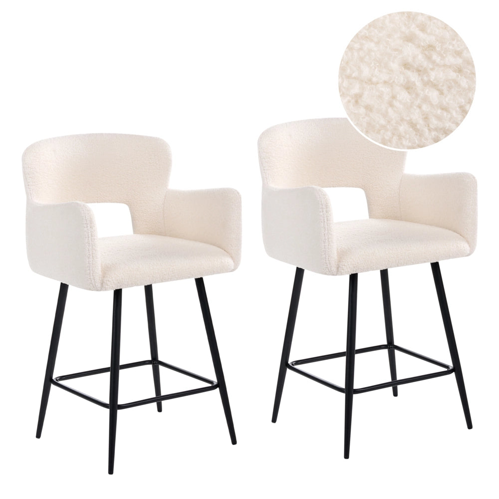 Set di 2 sgabelli da bar bouclé bianco sporco braccioli schienale intagliato gambe in metallo moderna industriale