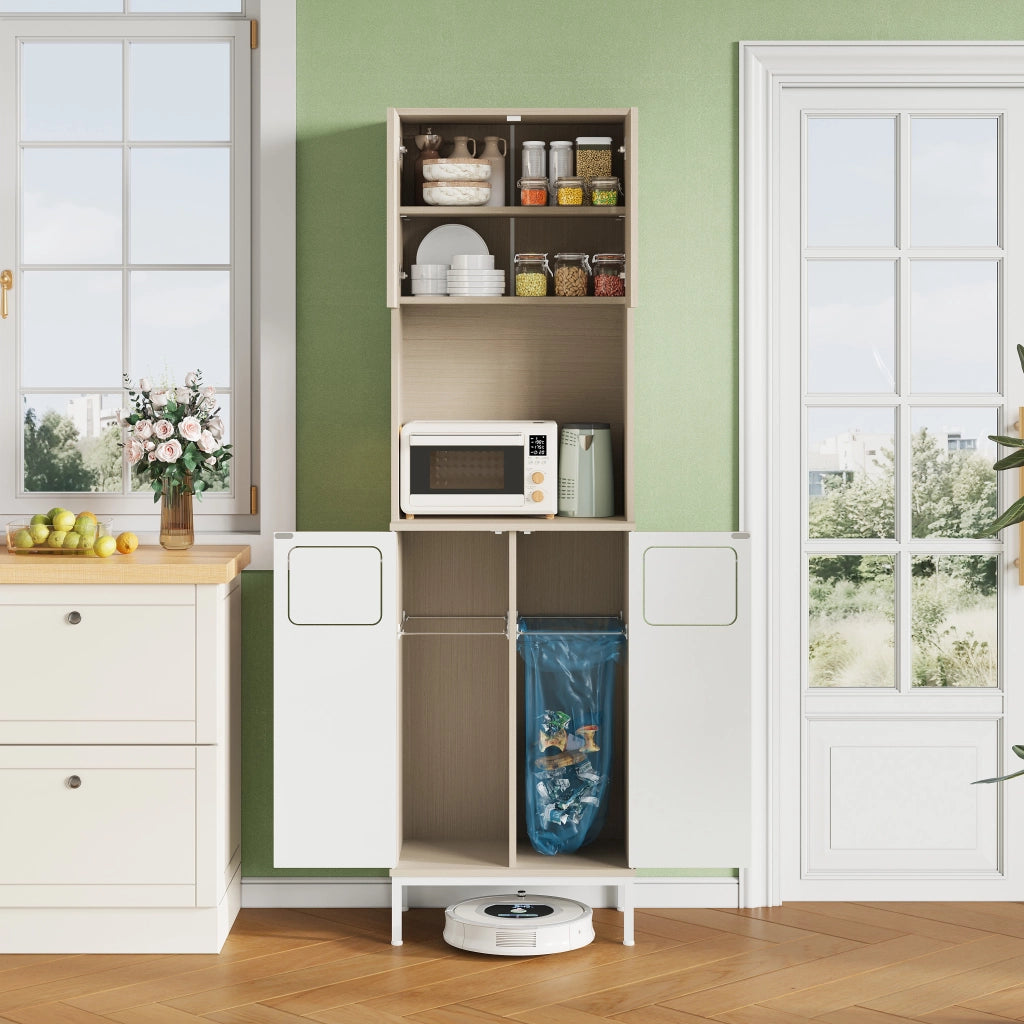 Dispensa alta con vano rifiuti e vano microonde, ripiani regolabili per cucina, in MDF bianco e legno, 53 × 35 × 181 cm