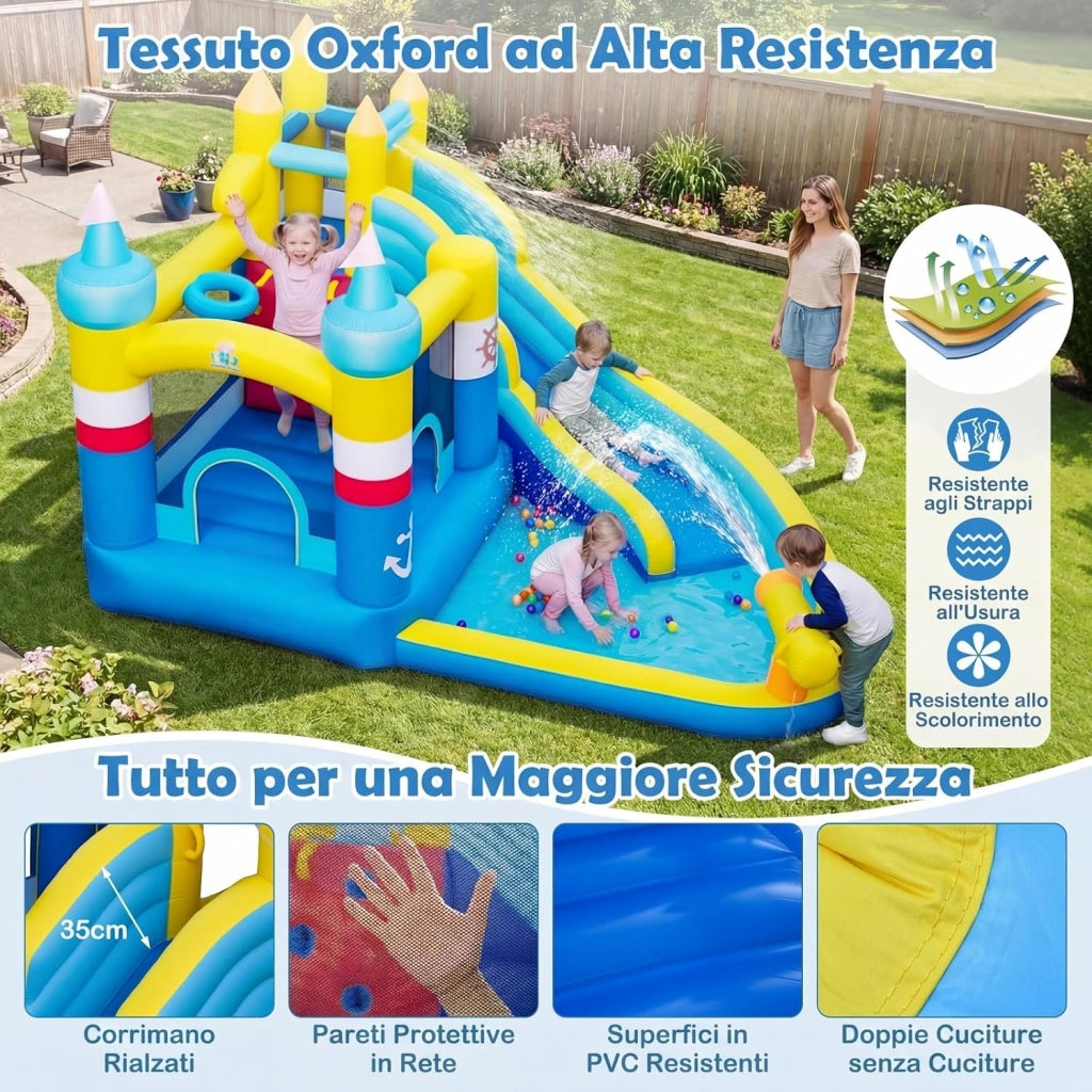 Castello Gonfiabile per Bambini, Casa Gonfiabile con Piscina Splash, Cannone d'Acqua, Area di Rimbalzo, Scivolo Lungo, Parete d'Arrampicata, per Bambini 3-12 Anni (Senza Soffiatore)