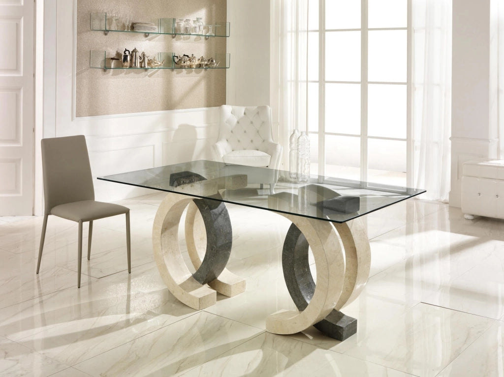 Tavolo Olimpia Fisso con Base in Pietra Fossile White Agata e Gray Stone e Top in Vetro Temperato Trasparente 180x100x76 cm - Olimpia