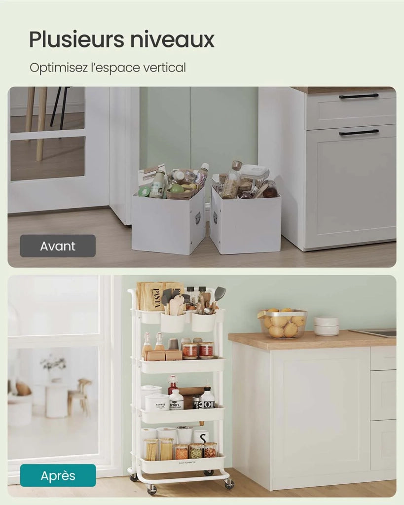Carrello di servizio mobile a 3 livelli con ruote ripiano portaoggetti con maniglia 2 pentole 2 freni cestini in plastica facile da montare per camera da letto cucina bianco 12_0007856
