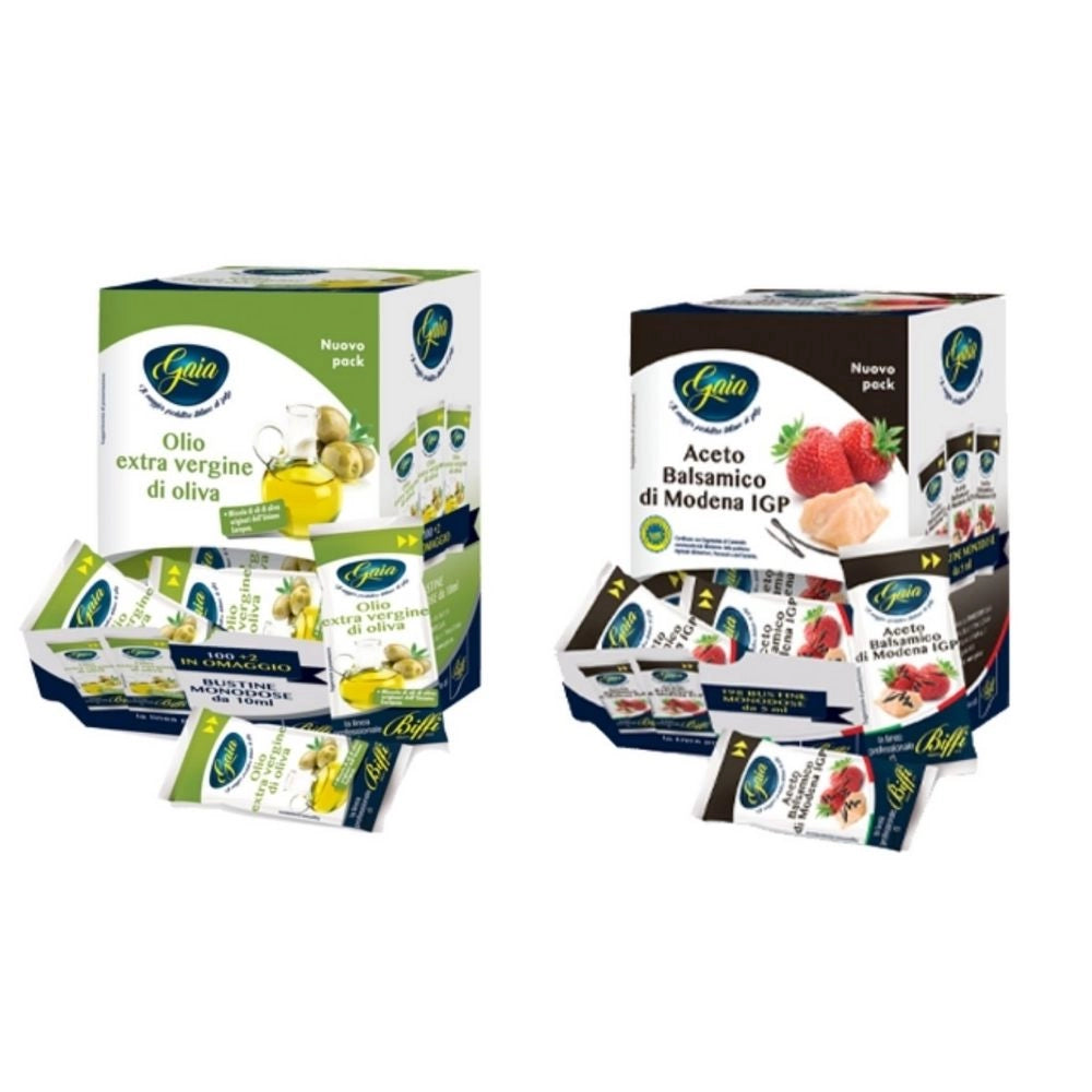 Gaia confezione aceto balsamico 198 bustine da 5 ml e olio extra vergine di oliva 102 bustine da 10 ml