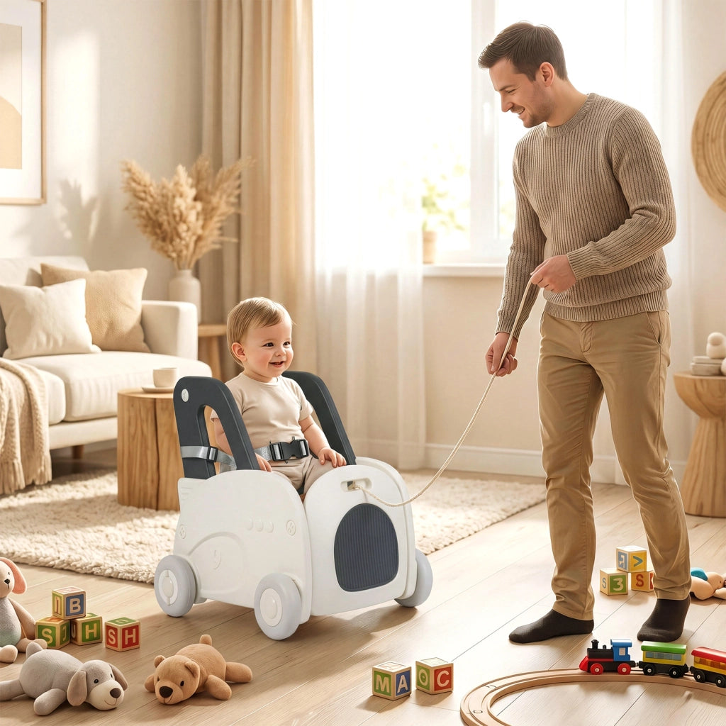 Girello primi passi per bambini con 4 ruote e seduta pieghevole contenitore portagiochi, Carrellino per cavalcare e camminare per bambini 1-3 anni