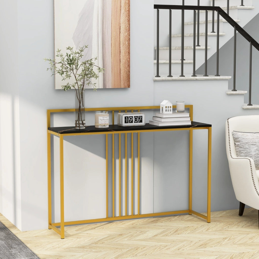 Tavolo da ingresso lungo 120cm, Consolle con piano effetto marmorino sponda struttura in metallo dorato Nero-Consolle