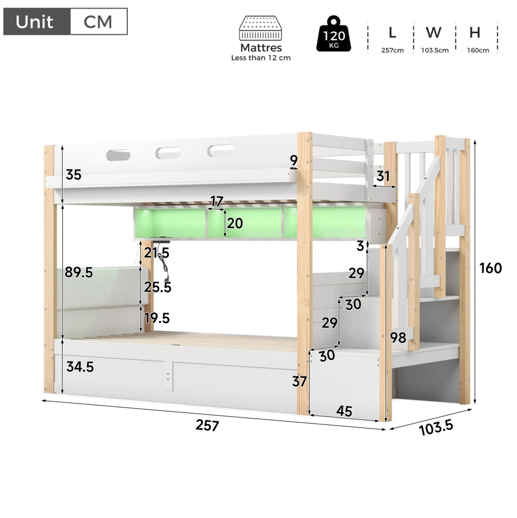 Letto a castello 90x200 cm in pino e MDF con contenitore idraulico; scala contenitore; bianco