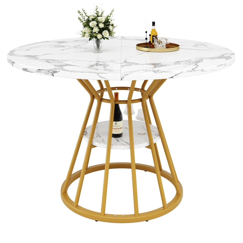 Tavolo da pranzo rotondo con piano in MDF effetto marmo e ripiano centrale per cucina soggiorno oro diametro 100 cm