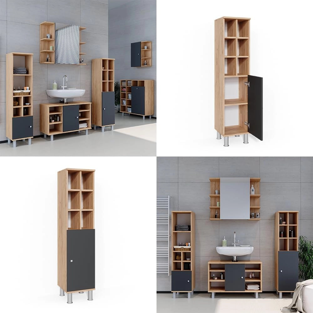 Mobiletto bagno Fynn, Antracite, 30 x 130.6 cm porta grande, per la conservazione di accessori da bagno e combinazione con Fynn