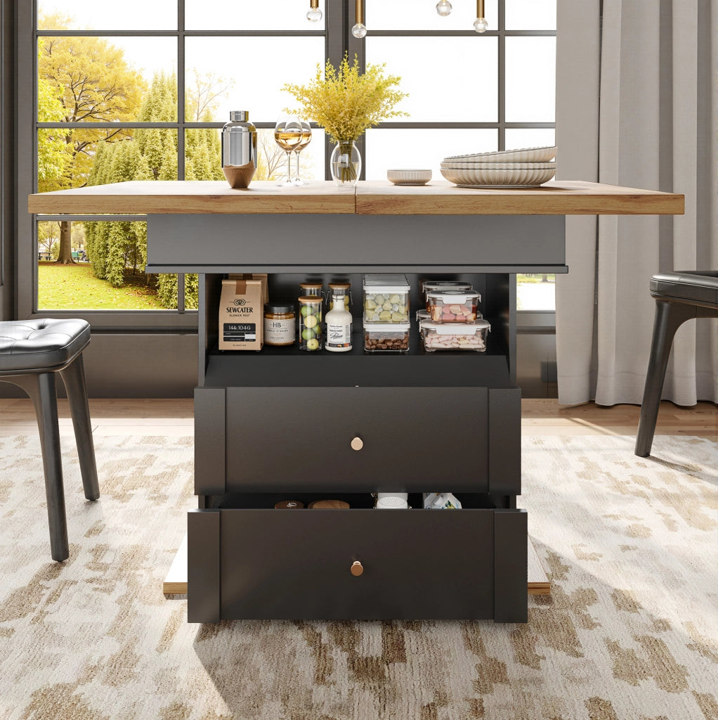 Tavolo da pranzo allungabile 110-140x80x75 cm con contenitore; MDF e metallo; nero e naturale