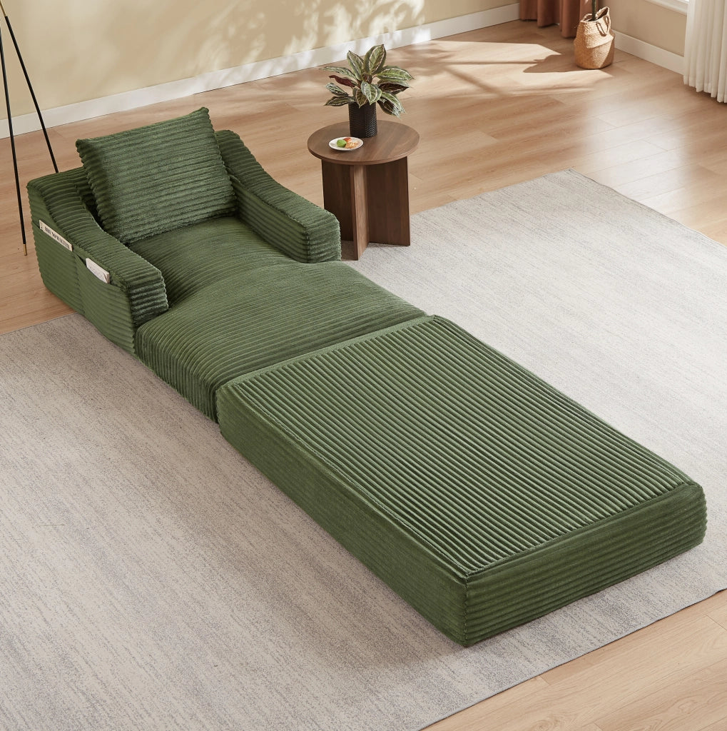 Poltrona lounge in velluto a coste verde, design a doppio strato