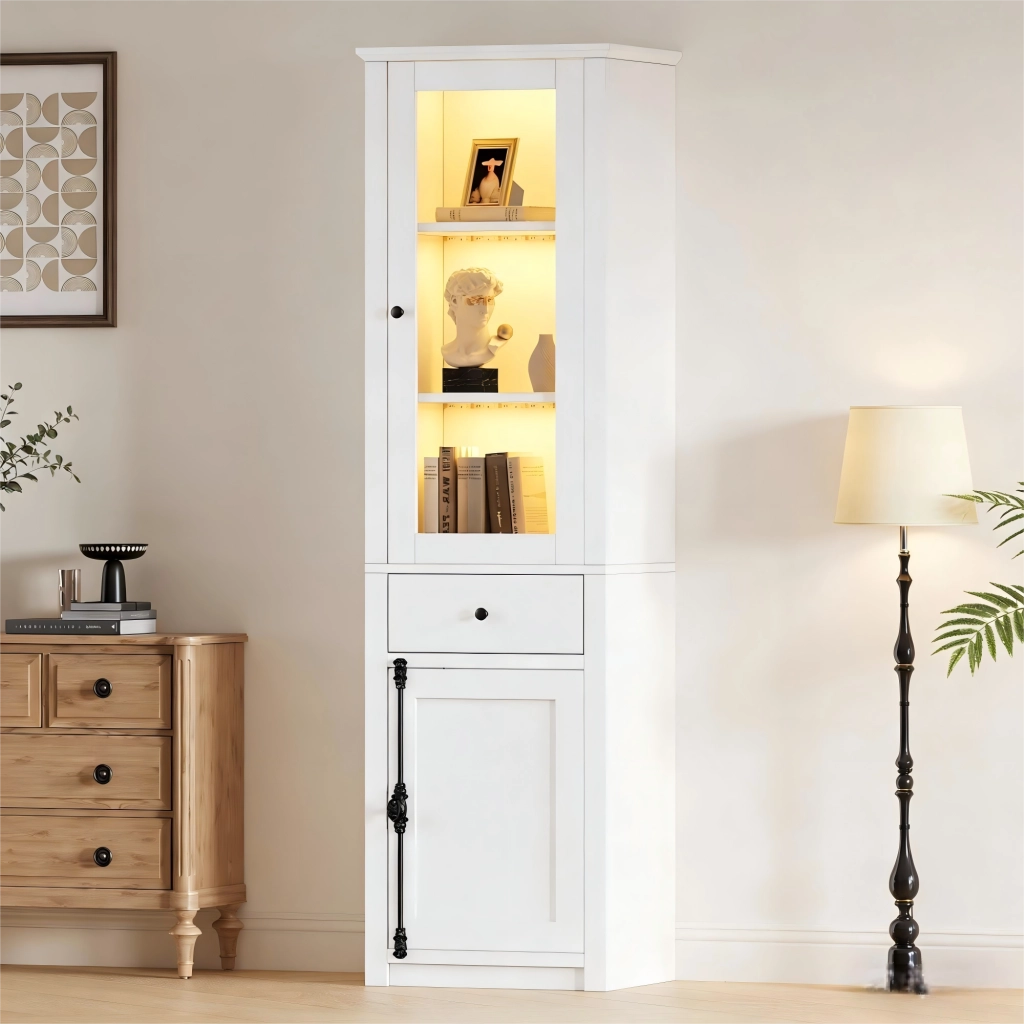 Vetrina alta con LED; 2 ante e 1 cassetto 55 x 40 x 200 cm; bianca