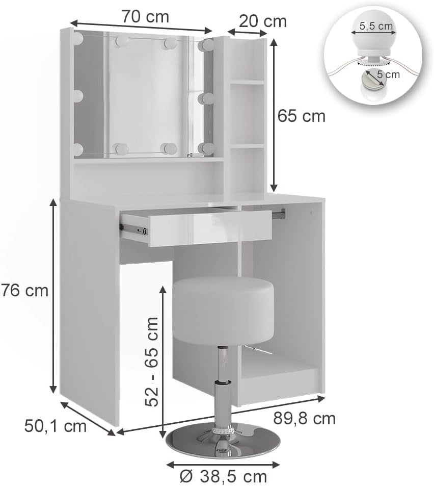 Tavolo da toeletta Sherry, Bianco/bianco lucido, 89.8 cm 5 parti