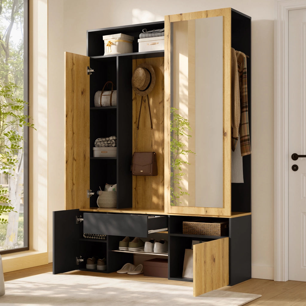 Guardaroba in MDF con specchio, scarpiera, mobile ingresso, appendiabiti con asta e ganci