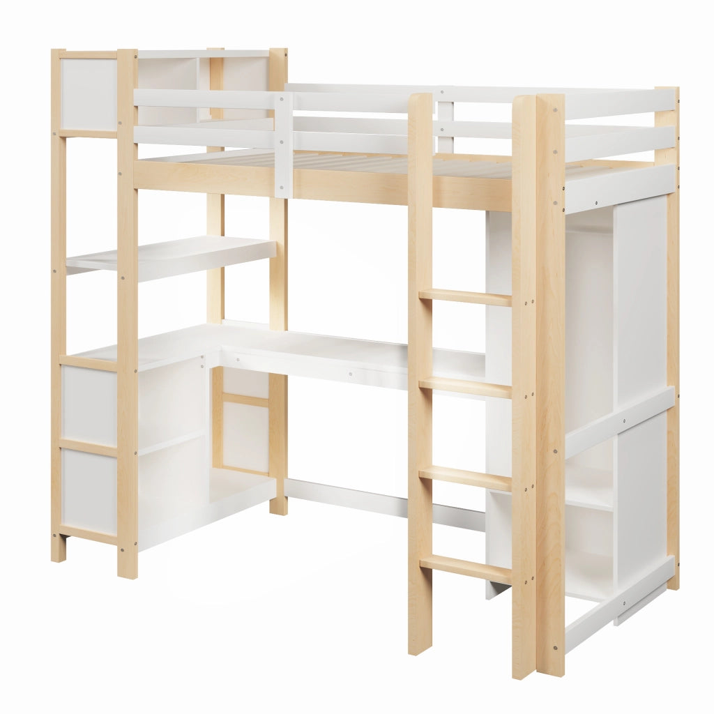 Letto a Soppalco con Scrivania e Armadio ¨C MINIMAL ¨C 90x200, Legno Naturale