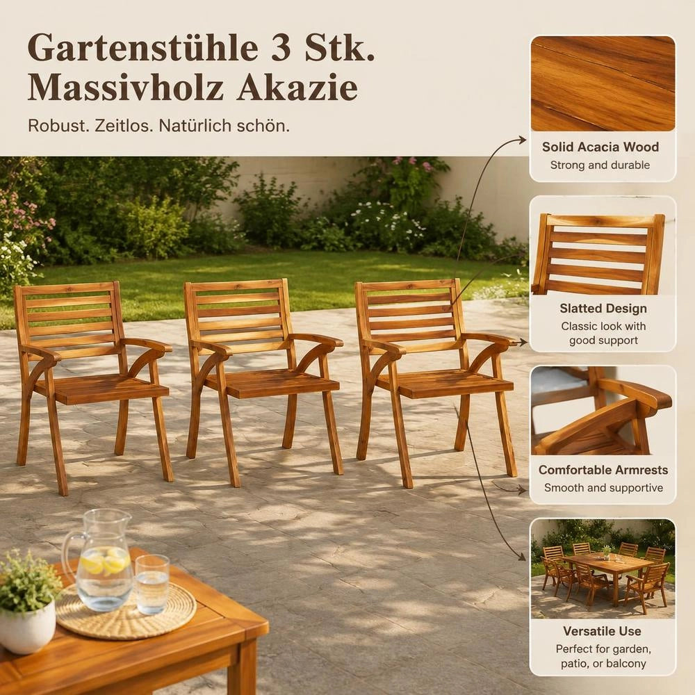Garden Chairs, 3 Pieces, Solid Acacia Wood