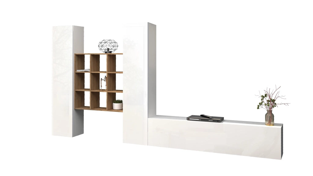 Parete attrezzata mobile TV bianco sospeso 2 armadi libreria Talka WH