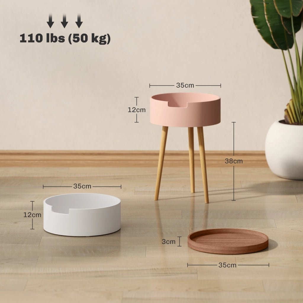 Set 2 Tavolini da Caffè con 2 Vani Contenitore e Vassoio Superiore Ø35 x 65,5 cm in MDF e Legno Bianco e Rosa