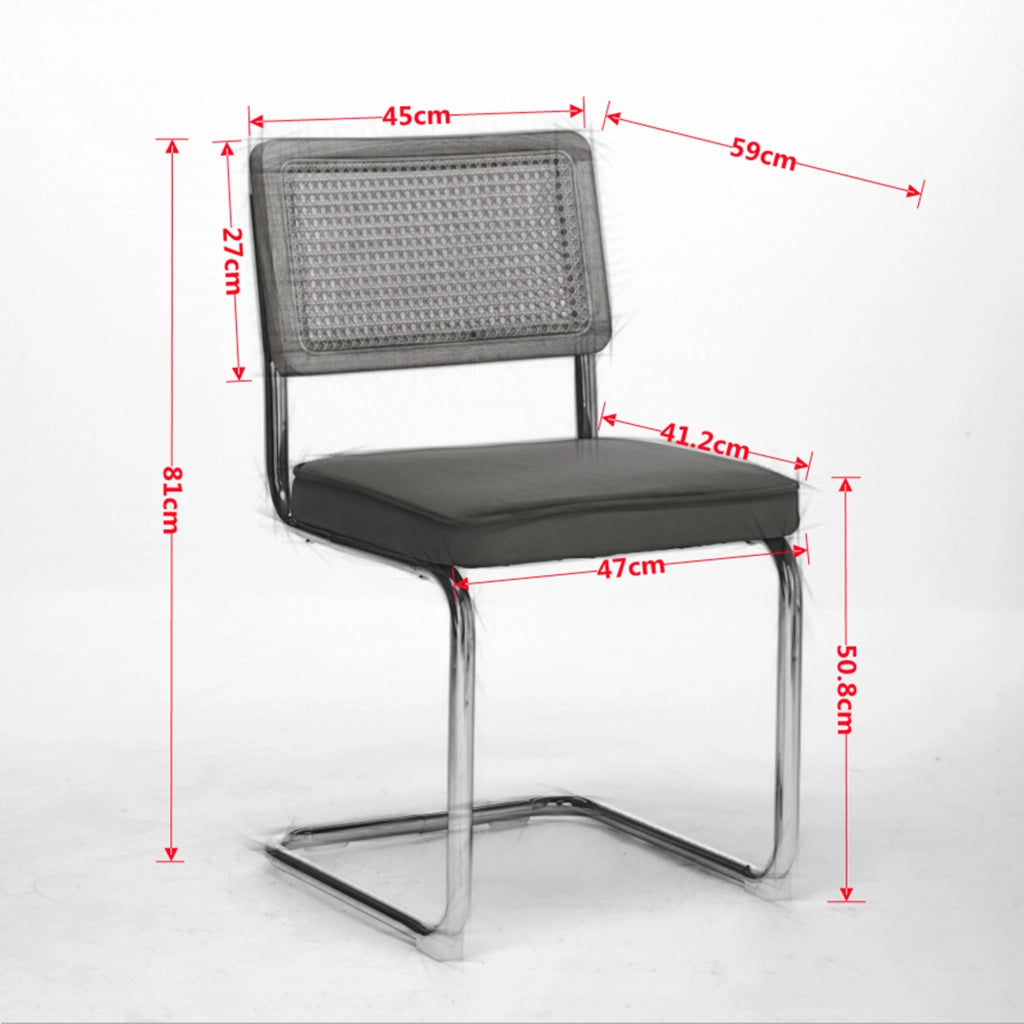 Sedia da sala da pranzo cantilever in velluto con schienale in rattan intrecciato e struttura in acciaio beige