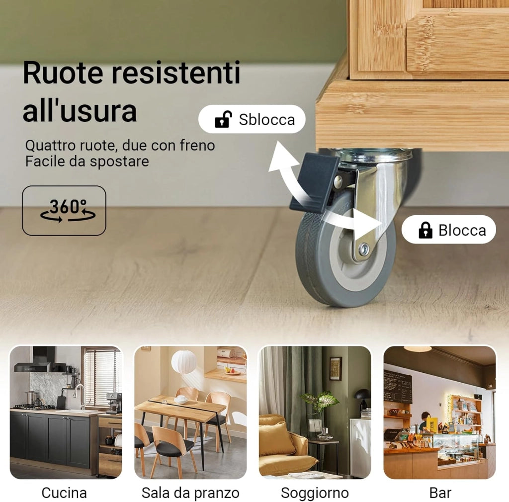 Carrello cucina con ruote, piano in acciaio inox, mobile cucina salvaspazio in bambù, isola cucina moderna – Ideale per cucina, sala da pranzo o ristorazione – 66x92x46 cm, FKW13-N