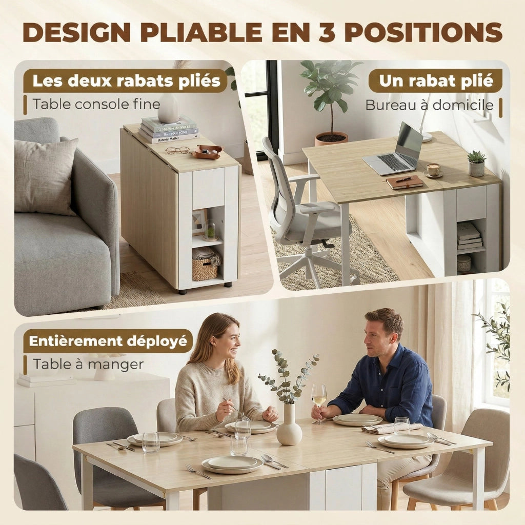 Tavolo da pranzo pieghevole per 6 persone con 2 cassetti e 4 ripiani ¨C zephmum ¨C bianco 39-168 cm