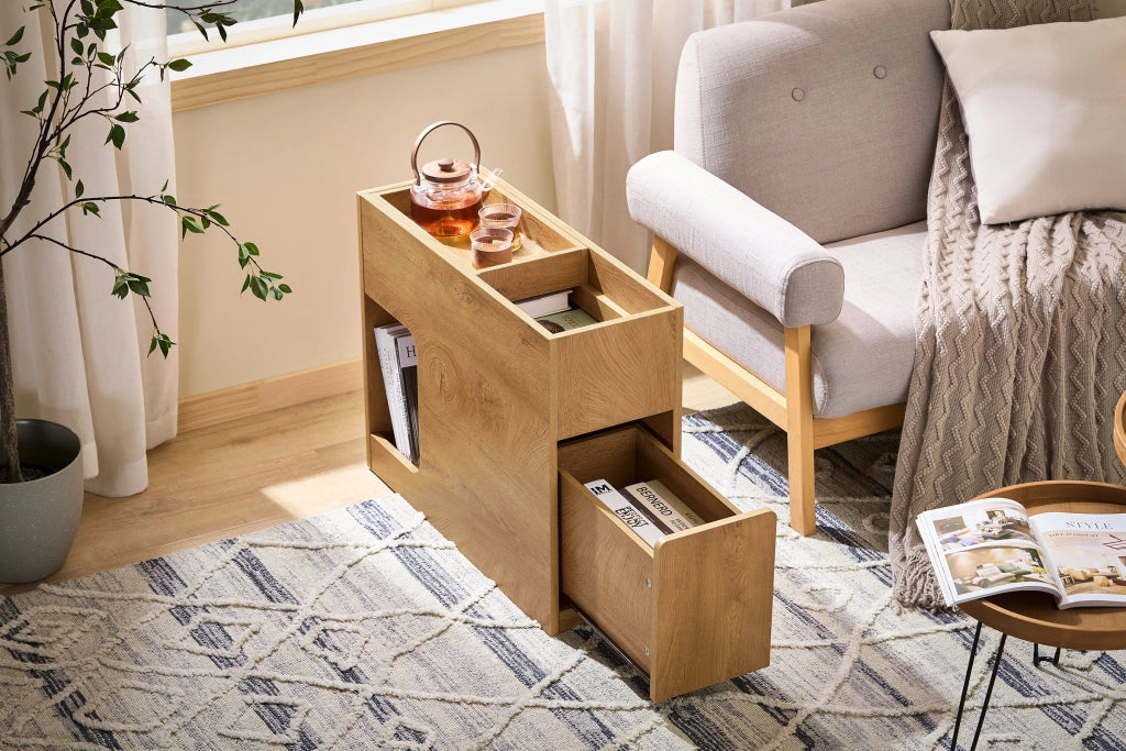 SoBuy Comodino con cassetto e vassoio Tavolino divano Tavolino stretto da soggiorno Naturale 25x70x55 cm cm FBT158-N