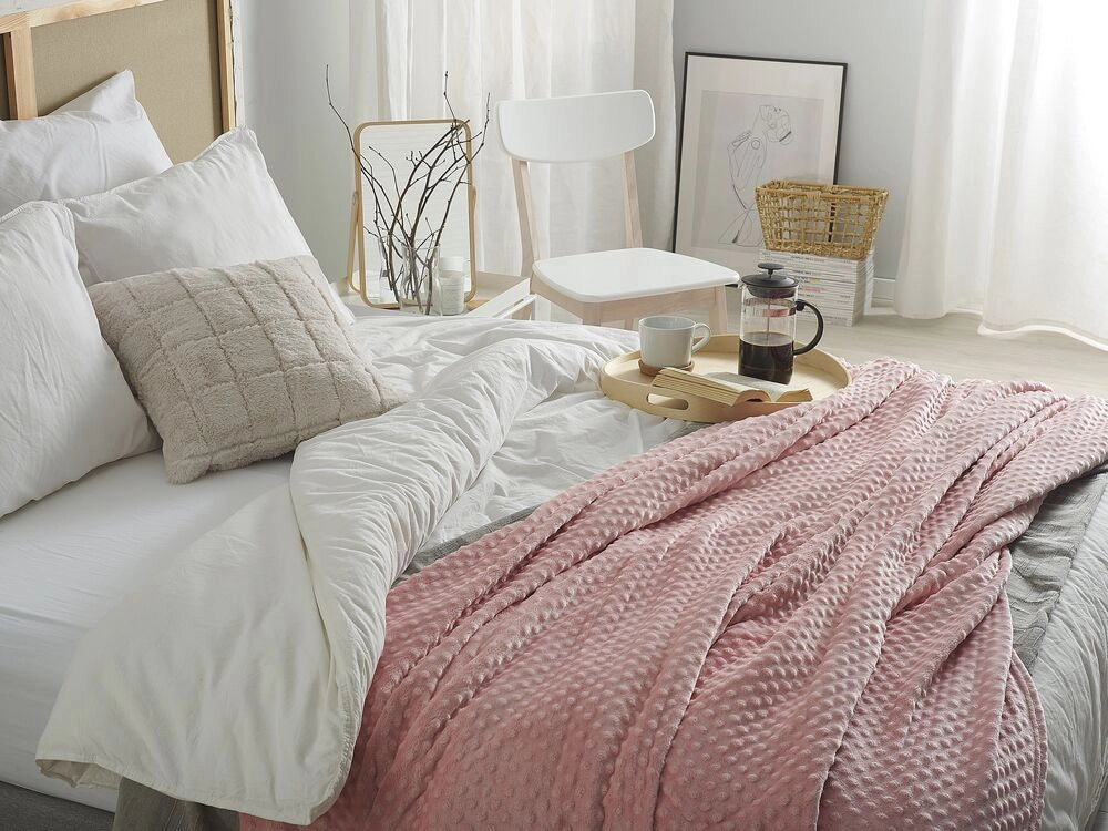 Coperta Rosa Plaid 150 x 200 con nappe Texture Popcorn Morbido Copriletto