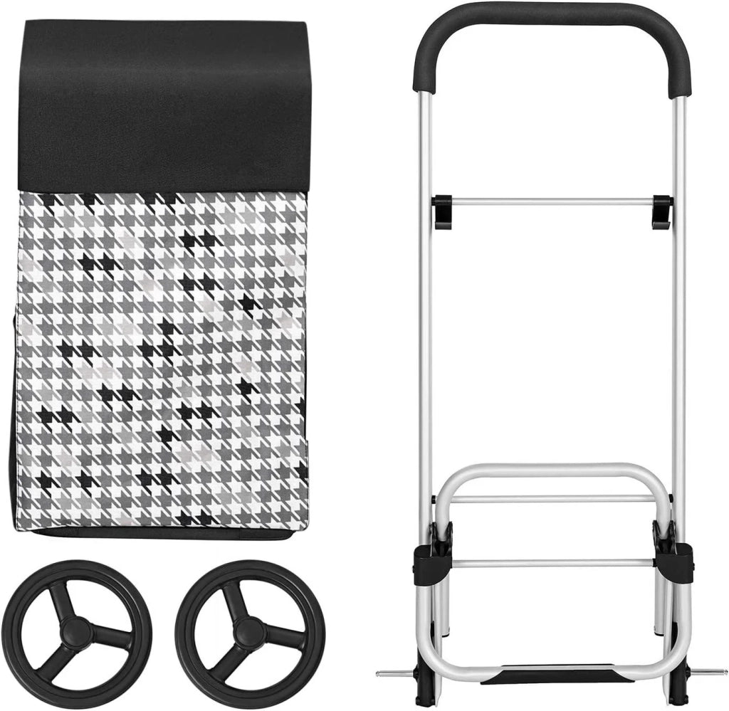 Carrello spesa carrello spesa passeggino market capacità 40 litri con portaoggetti ruote silenziose gancio 47 x 33 x 97 cm nero fantasia pied de poule 12_0003373