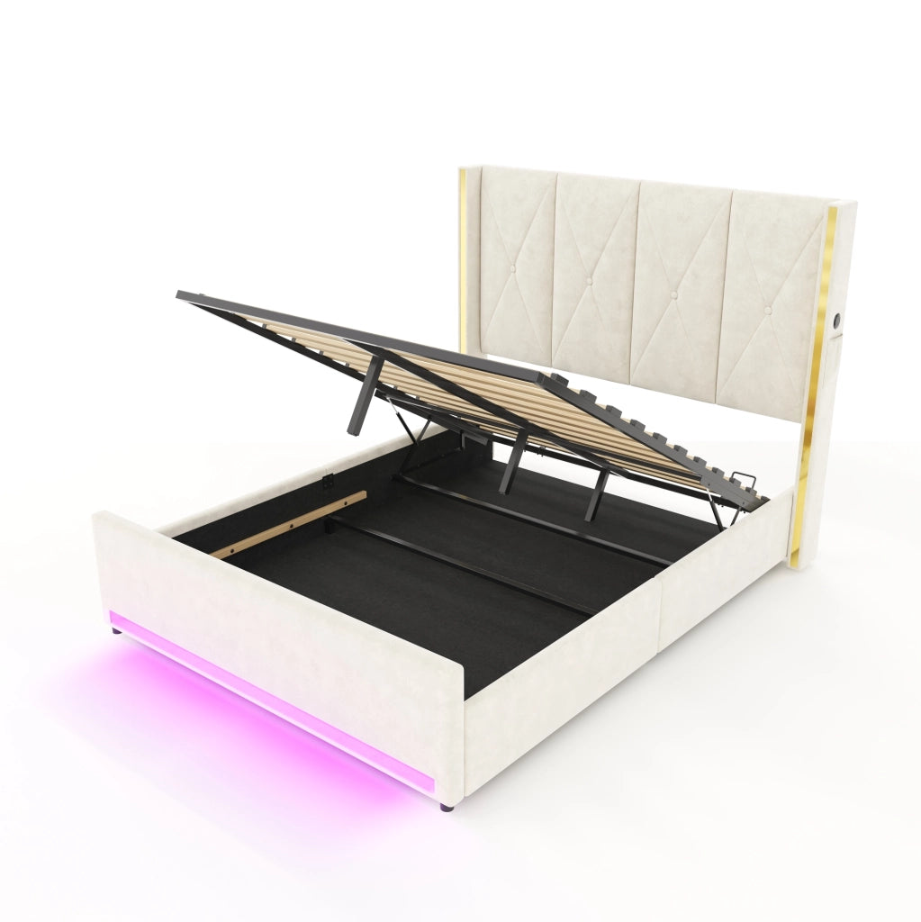 Letto contenitore ULEVR 160x200 cm in velluto beige con LED, USB e Type-C, testiera alta e tasche laterali