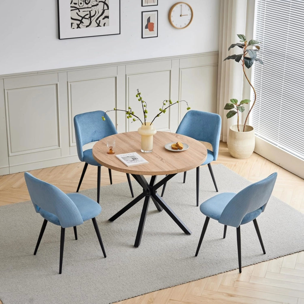 GrandCA HOME Set Tavolo e Sedie da Pranzo,Tavolo Rotondo Moderno da 100 Cm,4 Sedia da Pranzo In Velluto a Coste Traforato,adatto Per Cucina, Soggiorno, Caffetteria(Travertino Giallo + Mix B)