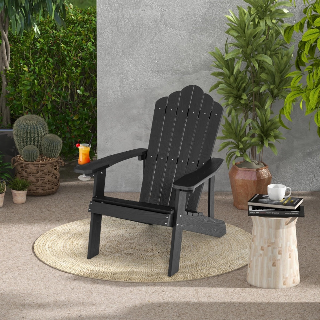 Sedia adirondack da esterno con portabicchieri, Sedia resistente alle intemperie per cortile portata 170kg Nera-Sedie da esterno