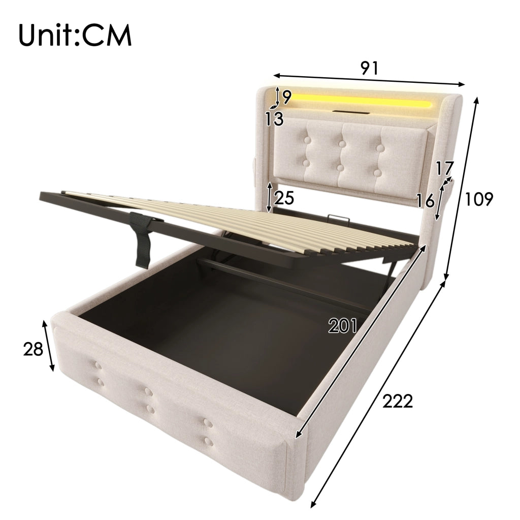 Letto singolo 90x200 in cotone e metallo beige con LED， USB-C e vano contenitore