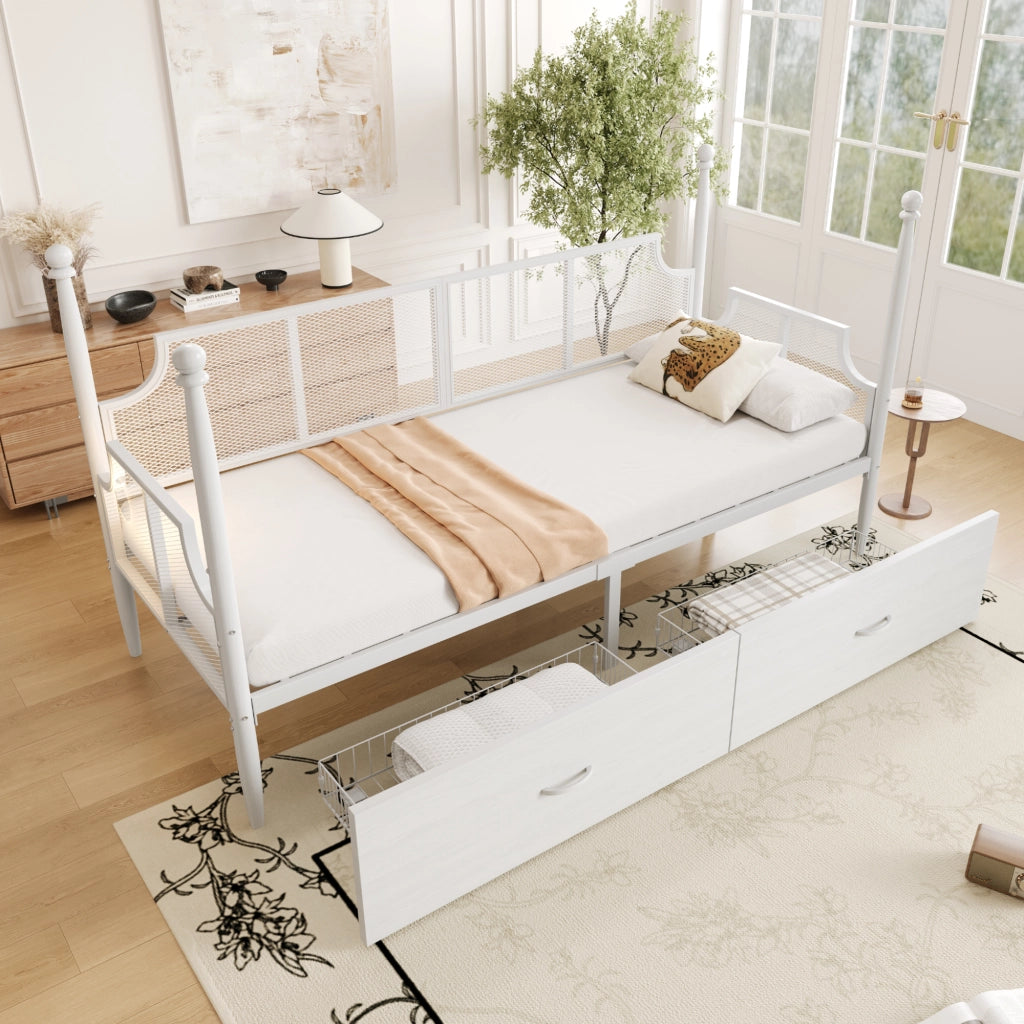 Divano letto in metallo 90 × 200 cm 1 posto con 2 cassetti, senza materasso, metallo, bianco